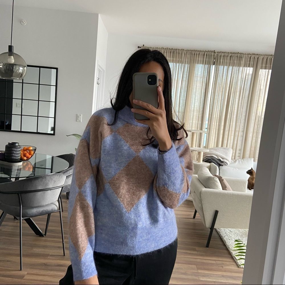 ZARA Wool Mohair Blue Argyle Sweater S - Picture 4 of 8